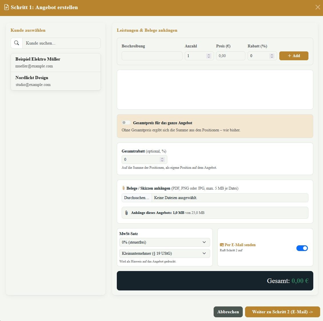 Angebot erstellen in Numerato: Kunde auswählen, Positionen mit Anzahl, Preis und Rabatt erfassen und Angebot per E-Mail senden